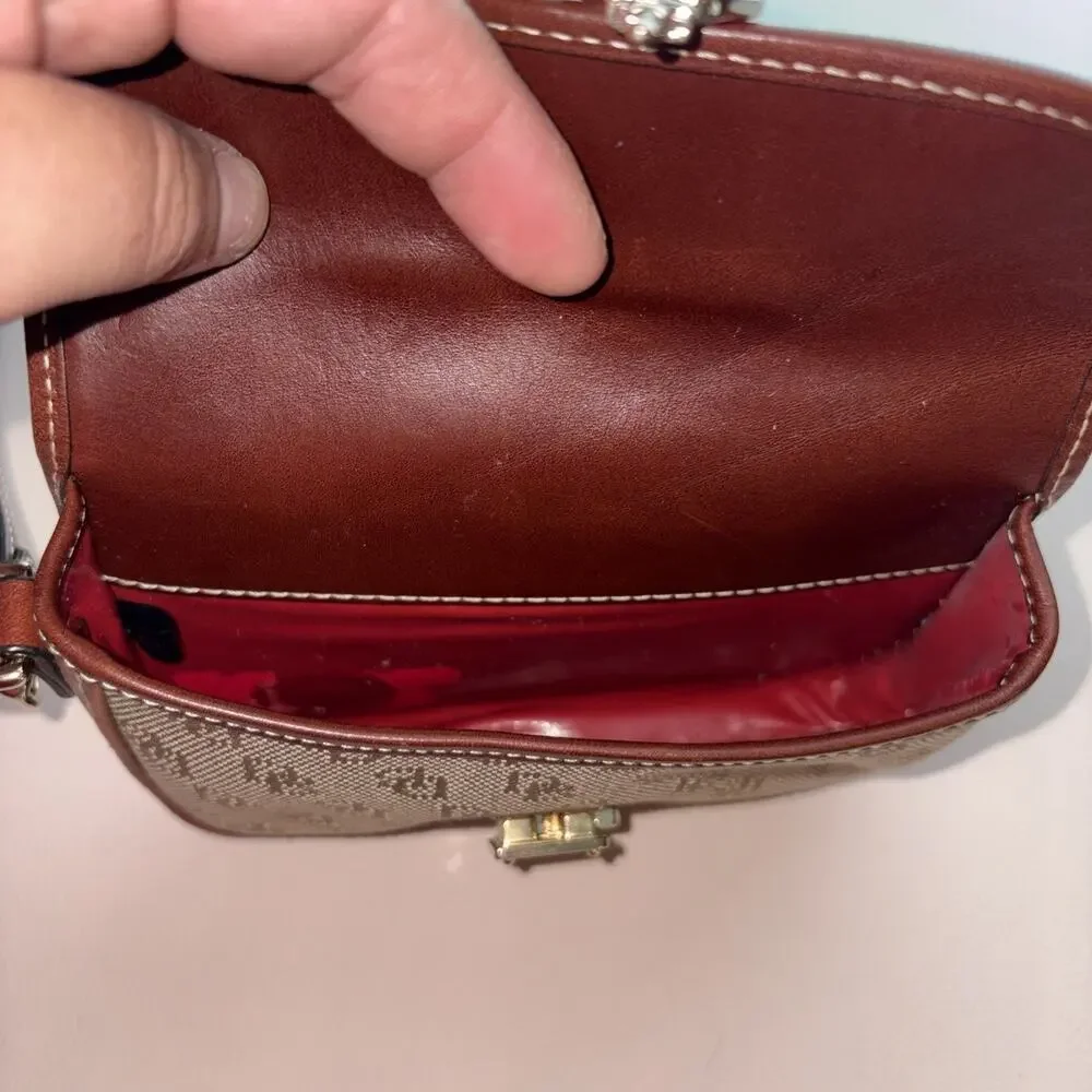 Dooney & Bourke 1975 Push Lock Wristlet Brown Leather Tan Monogram Fabric